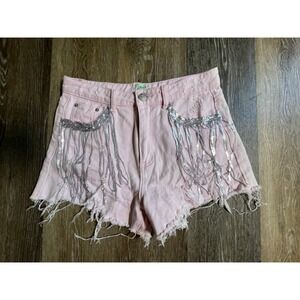 Blue Buttercup Sequin Fringe Denim Shorts Women Medium Pink Good Distressed High